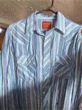 Vintage Rustler Distressed Paint Splatter Men’s Blue Multi-Striped Western Shirt